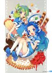  :d absurdres blue_hair cherry cookie cupcake food food_on_face fruit green_eyes green_hair highres ice_cream ice_cream_cone licking long_hair multiple_girls nardack open_mouth original short_hair smile socks spoon tongue white_legwear 