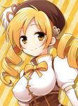  bad_id bad_pixiv_id blonde_hair blush bow bowtie breasts covered_nipples drill_hair face hat hiroichi large_breasts long_hair mahou_shoujo_madoka_magica smile solo striped striped_background tomoe_mami twin_drills twintails upper_body yellow_eyes 