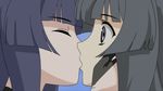  2girls black_hair blue_eyes blue_hair cap eyes_closed female gray_hair grey_hair hand_on_another's_face hand_on_face highres hime_cut jinki jinki_extend kiss kissing multiple_girls screencap shiba surprise surprised tsuzaki_aoba yuri 