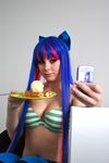  blue_hair bra breasts candy cellphone cleavage cosplay food large_breasts long_hair makeup midriff multicolored_hair panty_&amp;_stocking_with_garterbelt phone photo pink_hair real stocking_(character) stocking_(psg) underwear 