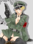  armband axis_powers_hetalia black_legwear black_panties black_thighhighs blonde_hair blue_eyes boots breasts cleavage female genderswap germany_(hetalia) gun hat iron_cross jewelry large_breasts military military_uniform necklace no_bra open_clothes open_shirt panties shirt short_hair solo thighhighs underwear uniform weapon 