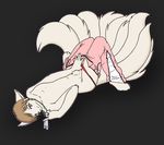  accelo brown_hair canine colored_background fox glowstick hair kitsune looking_at_viewer male multiple_tails ninetales on_back pants_pull pok&eacute;mon pok&eacute;morph purple_eyes sheath short_brown_hair short_hair solo tail topless undressing 