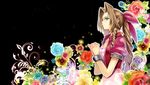  aerith_gainsborough blue_eyes brown_hair dress female final_fantasy final_fantasy_vii flower jacket long_hair plant ponytail red_ribbon ribbon shiawase_usagi siawaseusa solo wristband 