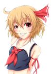  absurdres adapted_costume ahoge arms_behind_back bad_id bad_pixiv_id bare_shoulders blonde_hair fang grin hair_ribbon highres messy_hair midriff nekotama_shun red_eyes ribbon rumia short_hair sleeveless smile solo teeth touhou upper_body 