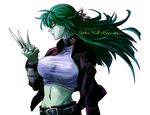  belt between_fingers breasts character_name crop_top green_hair green_skin jacket knife large_breasts long_hair midriff navel shirt simple_background solo taut_clothes taut_shirt white_background yel yurikawa_saki zombie zombie-ya_reiko 