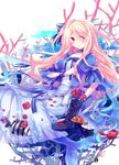  angelfish blonde_hair blue_dress boots bow butterflyfish clownfish coral crab dress fish flower hair_bow ibara_riato long_hair looking_at_viewer mermaid monster_girl original petals red_eyes red_flower red_rose rose rose_petals solo water 