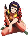  boots breasts cleavage cowboy_bebop faye_valentine female green_eyes gun highres large_breasts lipstick looking_at_viewer makeup nail_polish pantyhose purple_hair short_hair sitting smile solo weapon white_background 