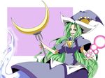  crescent energy_ball ghost_tail green_hair hat highres long_hair mima potato_pot ribbon smile solo staff sun_(symbol) touhou touhou_(pc-98) weapon wizard_hat 