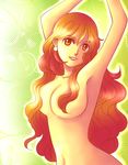  armpits august_asukima bad_id bad_pixiv_id breasts censored convenient_censoring earrings hair_censor hair_over_breasts highres jewelry large_breasts long_hair nami_(one_piece) navel nude one_piece orange_eyes orange_hair smile solo 