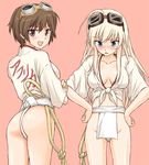  ass blonde_hair blue_eyes blush breasts brown_eyes brown_hair cleavage clothes_writing crossed_arms fundoshi goggles goggles_on_head hands_on_hips hanna-justina_marseille japanese_clothes katou_keiko large_breasts long_hair looking_back looking_down mirutsu_(milts) multiple_girls open_mouth rope short_hair smile translated world_witches_series yamakasa 