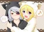  animal_hood blonde_hair blush cat_hood charlotte_dunois eyepatch highres hood hug infinite_stratos kochiya_hizuki laura_bodewig multiple_girls musical_note pout purple_eyes red_eyes silver_hair smile 