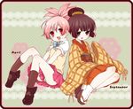  bad_id bad_pixiv_id blush brown_eyes brown_hair clog_sandals doily hair_bun japanese_clothes kimono lace_background moriyama_shijimi multiple_girls open_mouth original panties pantyshot pantyshot_(sitting) personification pink_eyes pink_hair pleated_skirt ponytail rounded_corners school_uniform shoes short_hair sitting skirt sleeves_past_wrists smile striped striped_panties sweater_vest tabi underwear wide_sleeves 