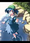  absurdres backpack bag blue_eyes blue_hair hair_bobbles hair_ornament hat highres kawashiro_nitori key letterboxed open_mouth pocket reflection ripples sawada_yuusuke short_hair smile solo standing standing_on_liquid tiptoes touhou two_side_up water 