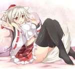  animal_ears between_legs black_legwear blush breasts cushion detached_sleeves efe face feet hat inubashiri_momiji medium_breasts midriff navel no_panties open_mouth red_eyes shirt silver_hair sitting skirt solo tail tail_between_legs tassel thighhighs tokin_hat touhou upskirt white_shirt wolf_ears wolf_tail 