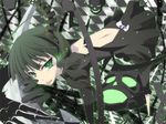  black_rock_shooter checkered checkered_background dead_master dress glowing glowing_eyes green_eyes green_hair horns koumei_(harmonizer) perspective scythe skull solo tongue 