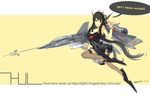  aircraft airplane august1st black_eyes black_hair blush dress hjl j-20 jet long_hair mecha_musume military original personification solo strapless strapless_dress tattoo thighhighs 