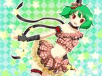  ahoge arm_garter bare_shoulders blush bow brown_eyes crop_top fingerless_gloves frills gloves green_hair hat leg_garter machinosuke macross macross_frontier midriff mini_hat mini_top_hat miniskirt navel open_mouth ranka_lee ribbon short_hair single_thighhigh skirt smile solo star thighhighs top_hat white_legwear 