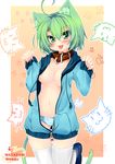  :3 :p absurdres ahoge animal_ears blush breasts cat_ears cat_tail collar dodome-iro_mayonnaise green_eyes green_hair groin highres hood hood_down hoodie navel no_bra no_pants open_clothes open_hoodie original panties paw_print sharon_(dodomayo) short_hair small_breasts solo striped striped_panties tail thigh_gap thighhighs tongue tongue_out underwear unzipped white_legwear zipper |_| 