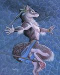  canine dancing fantasy male polearm solo spear susan_van_camp traditional undressing weapon wolf 