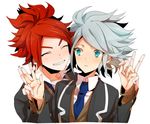  bad_id bad_pixiv_id blue_eyes closed_eyes grin hinabu inazuma_eleven inazuma_eleven_(series) jacket multiple_boys nagumo_haruya necktie red_hair school_uniform smile suzuno_fuusuke v white_hair 