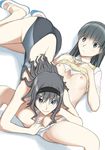  amagami ayatsuji_tsukasa back bangs black_eyes black_hair blue_eyes breasts censored competition_swimsuit hairband hikikorosuzoware kibito_high_school_uniform long_hair looking_at_viewer lying medium_breasts morishima_haruka mosaic_censoring multiple_girls nipples on_back one-piece_swimsuit panties panty_pull pussy school_uniform shirt_lift shoes simple_background small_breasts smile spread_legs swimsuit underwear uwabaki white_background white_panties yuri 