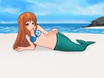  asahina_mikuru beach belly bikini bikini_top brown_eyes brown_hair hand_on_hip long_hair lying mermaid navel sand sea suzumiya_haruhi_no_yuuutsu tagme 