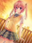  blush highres long_hair nana_asta_deviluke open_mouth pink_hair purple_eyes rennkuu school_uniform skirt solo sunset sweater_vest to_love-ru twintails 