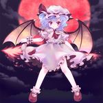  ascot bat_wings blue_hair bobby_socks child dress fangs full_moon hat iris_anemone mary_janes moon red_eyes red_moon remilia_scarlet shoes short_hair smile socks solo spear_the_gungnir touhou wings wrist_cuffs 