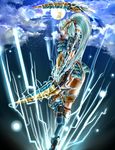  armor blue_eyes cloud dual_wielding electricity full_moon highres holding kotower lightning midriff monster_hunter monster_hunter_portable_3rd moon night sky solo sword weapon zinogre_(armor) 
