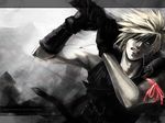  1boy blonde_hair blue_eyes cloud_strife copyright_name final_fantasy final_fantasy_vii final_fantasy_vii_advent_children gloves komaki_(gigu) looking_at_viewer male male_focus ribbons short_hair solo sword weapon 