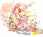  1girl blonde_hair blush dinef finger_to_mouth gears gloves green_eyes hat long_hair one_eye_closed open_mouth pencil rock_volnutt rockman rockman_dash roll_caskett screwdriver smile star wrench 
