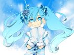  aqua_eyes aqua_hair arm_warmers buttons fingerless_gloves gloves hair_ornament hands_on_own_face hatsune_miku kurono_yuu long_hair smile snowflake_hair_ornament solo twintails vocaloid winter yuki_miku 