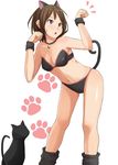  animal_ears bare_shoulders bell bell_collar bikini black_cat blush cat cat_ears cat_tail collar open_mouth original paw_pose paw_print pinkwaters simple_background solo sweat swimsuit tail 