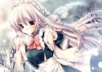  bare_tree hair_ribbon long_hair maid maid_headdress original red_eyes ribbon scarf shouna_mitsuishi silver_hair snow solo tree very_long_hair 