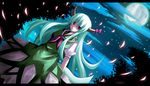  absurdres aqua_hair bad_id bad_pixiv_id dutch_angle ex-keine full_moon green_hair highres horn_ribbon horns kamishirasawa_keine letterboxed long_hair looking_at_viewer moon petals red_eyes ribbon shinekalta smile solo tail touhou wallpaper 