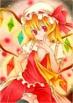 bad_id bad_pixiv_id black_legwear blonde_hair breasts cleavage colored_pencil_(medium) finger_to_mouth flandre_scarlet glowing hands hat kuune_rin marker_(medium) red_eyes small_breasts solo thighhighs touhou traditional_media untied wings zettai_ryouiki 
