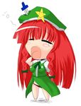  akunohana braid chibi hat highres hong_meiling knife knifed long_hair panties red_hair solo touhou twin_braids underwear yawning 