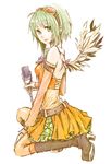  angel_wings boots full_body goggles goggles_on_head green_eyes green_hair gumi himetachibana kneeling microphone microphone_stand orange_skirt short_hair simple_background skirt smile solo vintage_microphone vocaloid wings 