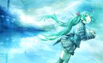  :o blue casual cb detached_sleeves green_eyes green_hair hatsune_miku long_hair power_lines rain reflection solo striped thighhighs twintails umbrella very_long_hair vocaloid water 