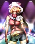  animal_ears belt blonde_hair breasts cape cat_ears elbow_gloves female final_fantasy final_fantasy_tactics gloves green_eyes hair_over_one_eye hood indoors keepvalley short_hair short_shorts shorts solo white_mage white_mage_(fft) 