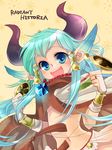  aht bad_id bad_pixiv_id blue_eyes cloak earrings hiyo_(hinauf) horns jewelry long_hair midriff monster_girl necklace open_mouth radiant_historia satyr solo 