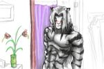  black blue_eyes blush color dox_kzera english_text fang feline hair looking_at_viewer male nude sketch solo standing stripes tiger white white_hair white_tiger 