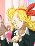  1boy 1girl blonde_hair blush bow censored closed_eyes cum curly_hair dragon_ball earrings eyes_closed facial hand handjob hands highres indoors jewelry kamishakujii_(poppenheim) lunch_(dragon_ball) penis pixiv_manga_sample resized school_uniform standing_up sweatdrop tongue tongue_out 