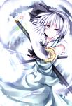  :&lt; black_hairband dual_wielding foreshortening frown hairband highres holding katana kazetto konpaku_youmu serious short_hair silver_eyes silver_hair solo sword touhou weapon 