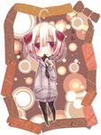  ahoge black_legwear blonde_hair blurry blush bokeh chibi chocolate chocolate_bar depth_of_field eating english hand_in_pocket hood hoodie horns looking_at_viewer newspaper original pink_eyes short_hair solo yuya_(night_lily) 