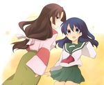  black_hair blue_eyes blue_hair brown_eyes higurashi_kagome inuyasha japanese_clothes kinokosuke long_hair low-tied_long_hair multiple_girls sango school_uniform serafuku 