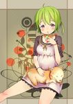  blush dog dress drinking_straw gomibox green_hair juice_box legs original pink_eyes short_hair sitting sitting_on_lap sitting_on_person solo 