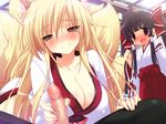  2girls animal_ears bad_id bad_pixiv_id black_hair blonde_hair blush bow breasts censored cleavage covered_nipples emily_(pure_dream) hair_bow handjob hetero japanese_clothes large_breasts long_hair miko multiple_girls naughty_face open_mouth original penis smile tail 