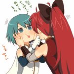  bad_id bad_pixiv_id banned_artist blue_eyes blue_hair cheek_pinching long_hair mahou_shoujo_madoka_magica miki_sayaka multiple_girls pinching ponytail red_eyes red_hair sakura_kyouko short_hair sumitani translated 