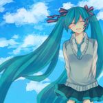  aqua_hair arms_behind_back bad_id bad_pixiv_id closed_eyes cloud day hatsune_miku long_hair mou-nanimo necktie skirt sky smile solo twintails very_long_hair vocaloid 